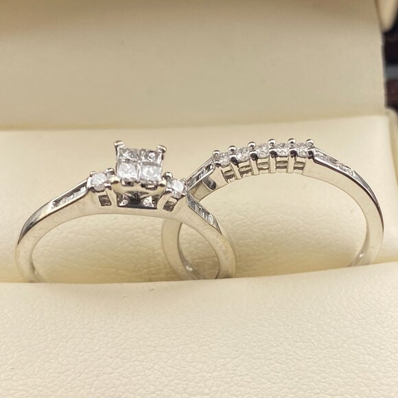 Luxury Solid 10K White Gold Genuine Diamonds Engagement Ring Set (2 Pcs.) Sz. 7 - Picture 2 of 15